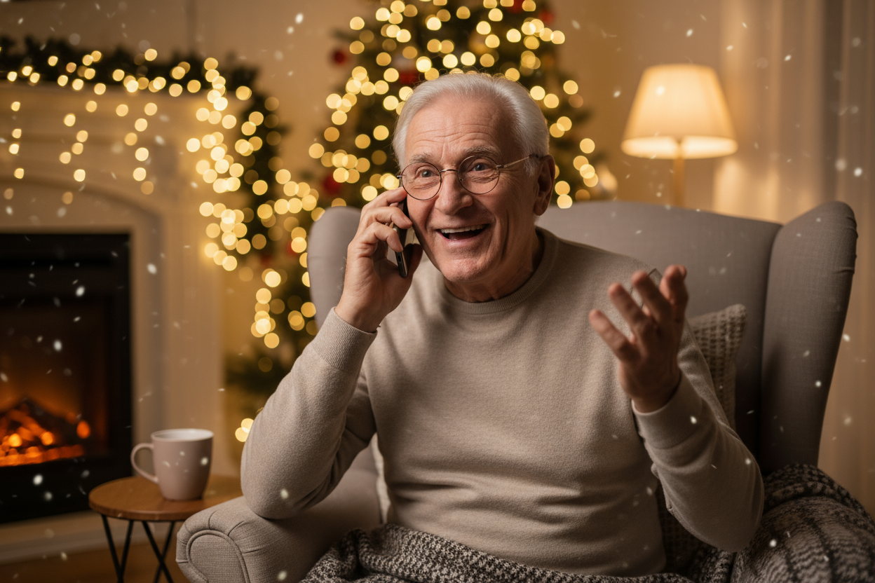 show old grandpa calling the company about the christmas little saying how amaze he is